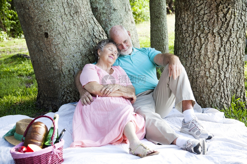 老年夫妇在公园野餐时放松图片