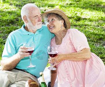 老年夫妇在公园的浪漫野餐上喝酒图片