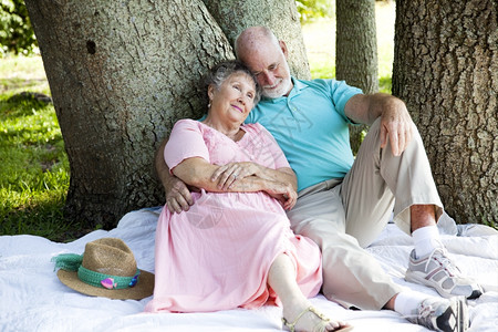 美丽的老年夫妇在公园的树荫下放松图片