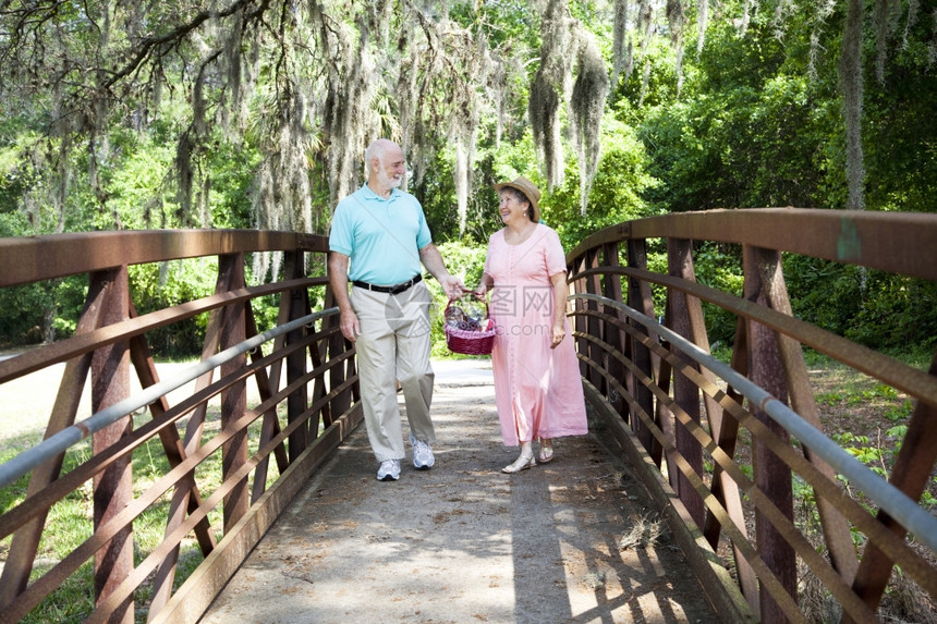 老人夫妇在去野餐的路上公园里漫步图片