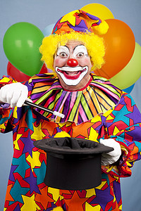 魔法气球生日快乐小丑用顶帽子和魔杖玩术背景
