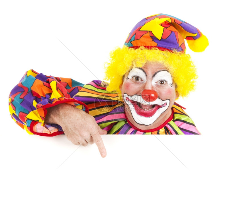 欢乐的小丑指向空白色间孤立的设计元素图片