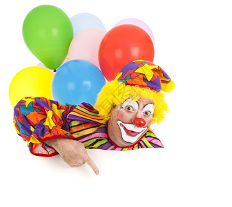 用气球指着小丑孤立在白色上设计元件已准备就绪图片