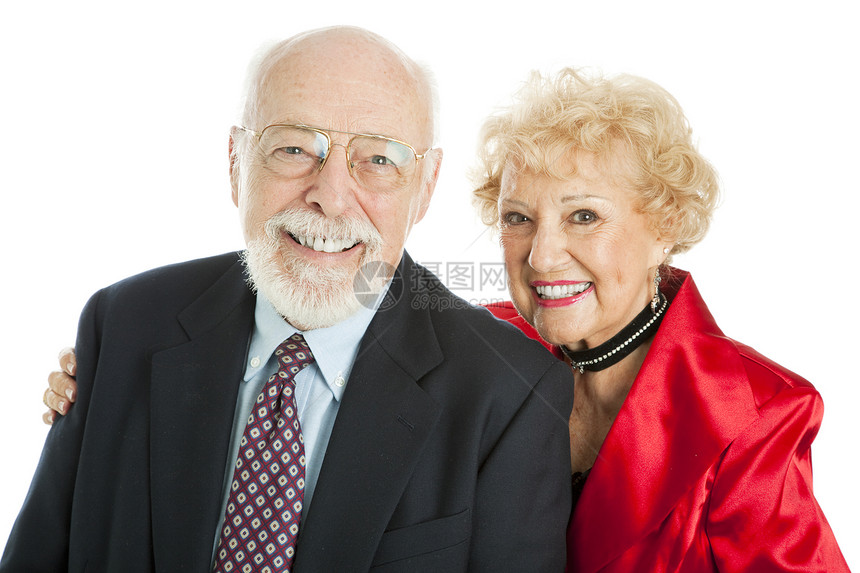 穿着优雅成功的老年夫妇微笑孤立在白色上图片