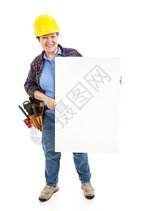 女建筑工人手持空白的标志准备好文字被孤立在白色的全身上图片