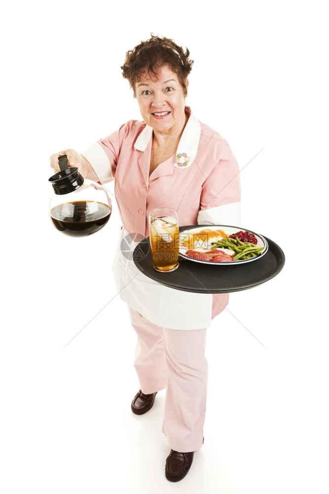 友善的女服务员给你带了晚餐和咖啡全身都是白的图片
