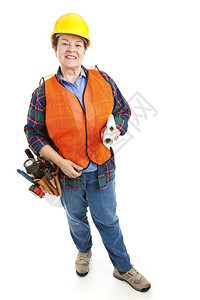 女建筑工人带着她的具和蓝图孤立在白色上图片