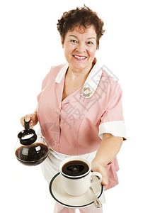 友善的女服务员为您提供热咖啡孤立的白色咖啡图片