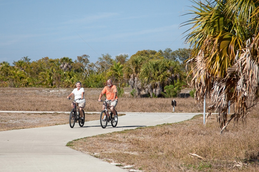活跃的老年夫妇在阳光明媚的一天骑自行车图片
