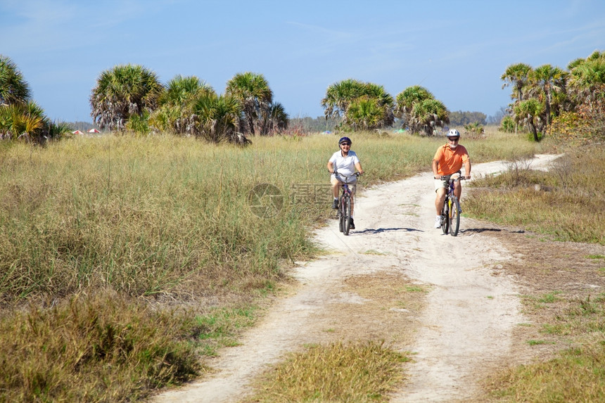 老年夫妇骑着他们的自行车在海滩旁边的一条小径上图片