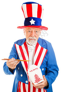 美国象牙Sam叔吃外卖食品用切片棒美国欠中的债务或不良饮食习惯的比喻图片
