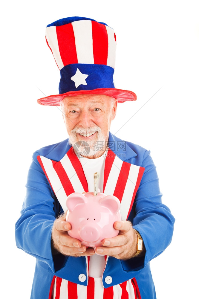 美国山姆叔拿着一头猪银行上面有20美元的bil白孤立无援图片