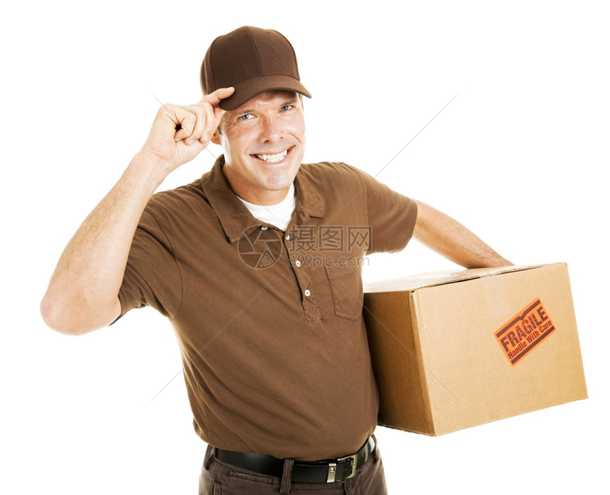 纯洁的送货员或搬运工顶起帽子微笑图片