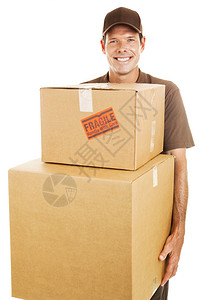 送货员或搬运工背着重箱白色的孤立无援图片