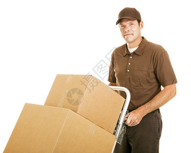 帅气的移动男人在他圆圈上移动了一堆箱子孤立在白色上图片