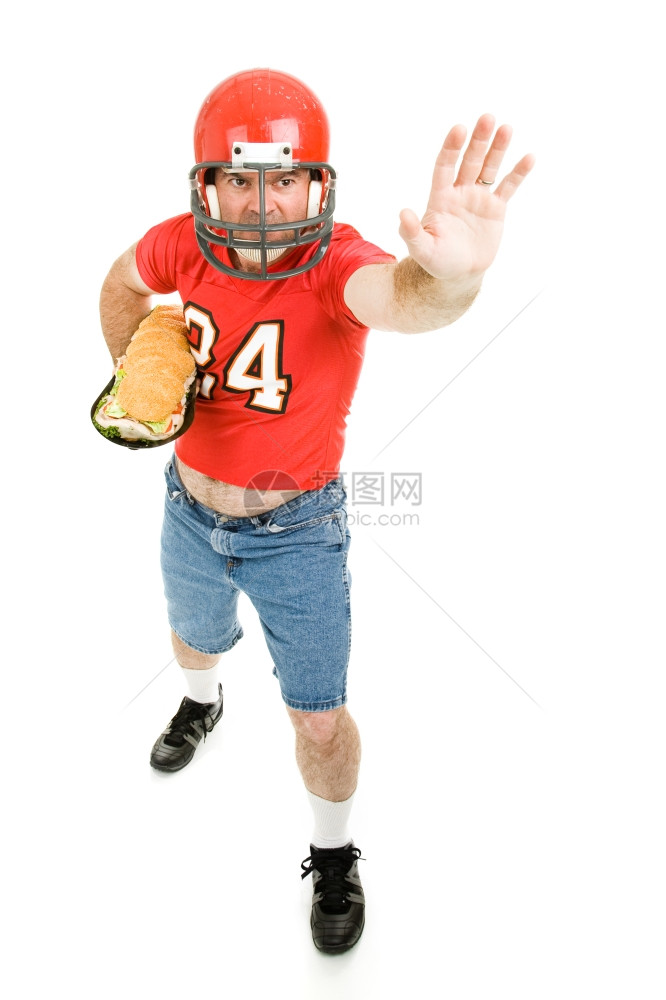 足球运动员带着一个巨大的子三明治像脚球一样全身都是白的图片