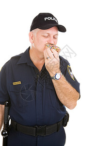 超重的警察在甜圈上冒泡孤立在白色上图片