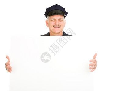 英俊的成熟警官或卫手持空白牌图片