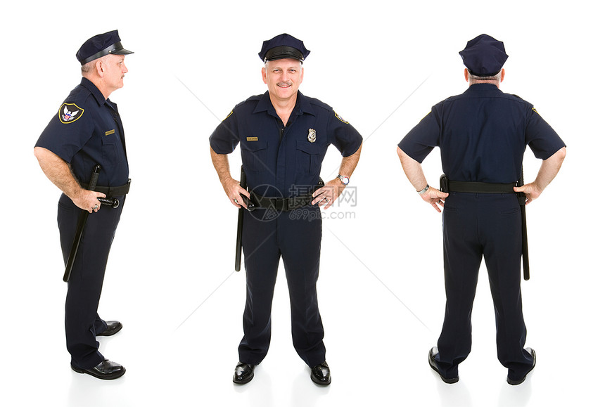一个英俊成熟的警官正面背和侧观点图片