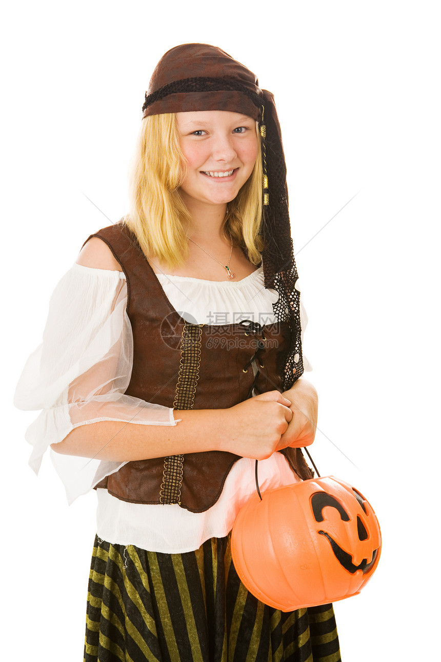 美丽的金发女孩在万圣节扮成海盗孤立的白人女孩图片