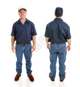 平均蓝领工人的前视镜和背影白底孤立的领工人图片