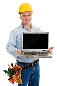 不满的建筑工人拿着一台电脑空白的间来写信息孤立在白色上图片