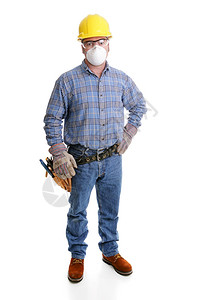 根据OSHA标准建筑工人完全安包括硬帽护目镜防尘面具手套和钢脚靴图片