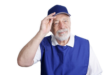 一个无法退休的老年人在一家折扣商店当迎接员白孤立图片