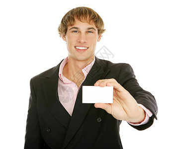 英俊的年轻商人拿着他的名片短信卡是空白的纸字孤立图片