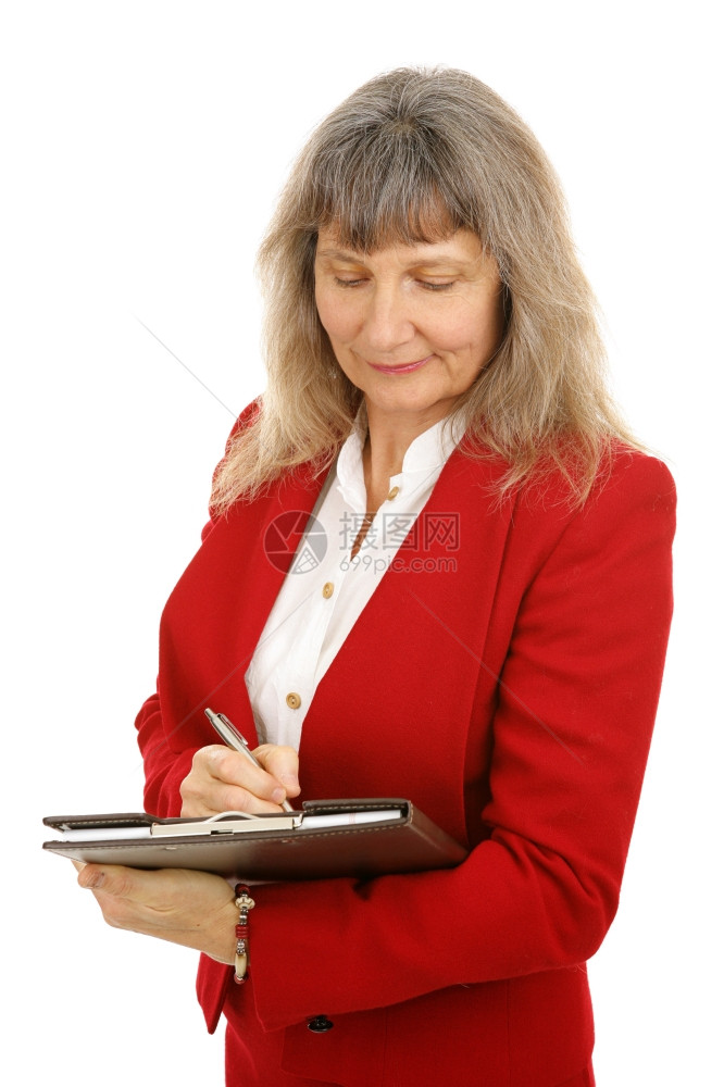 在剪贴板上做笔记的女商人或房地产经纪孤立在白色上图片