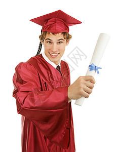 英俊的年轻毕业生持有证书孤立于白人背景图片