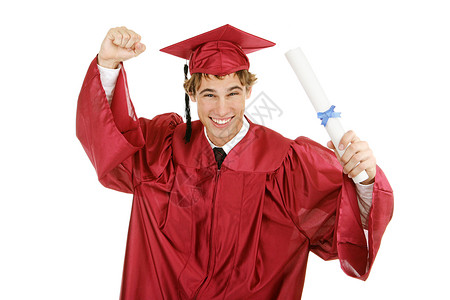 英俊热情的年轻毕业生持有证书孤立在白人身上图片