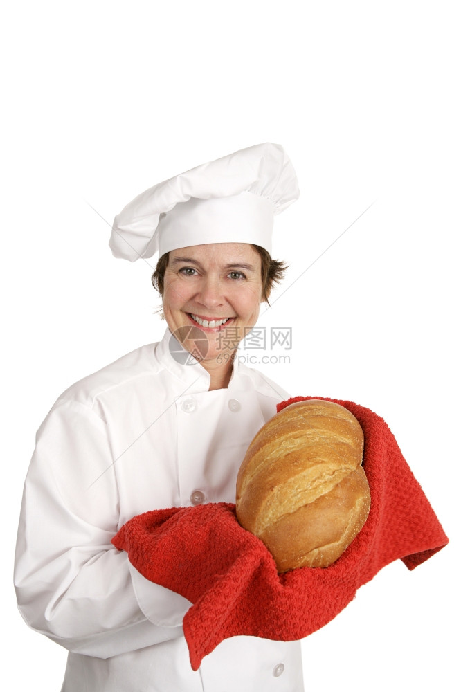 可爱的女厨师拿着意大利面包的美味孤立在白色上图片