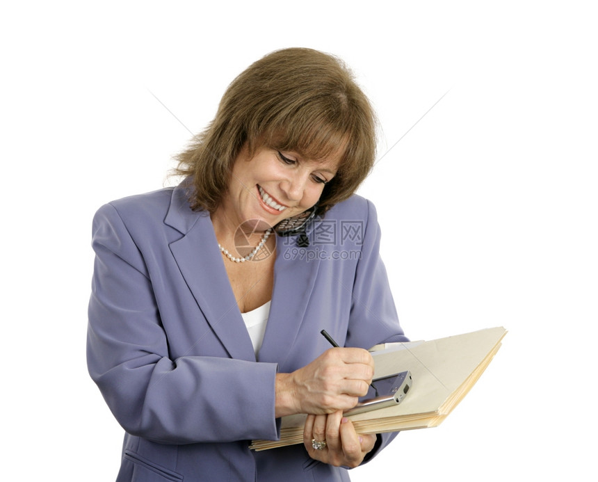 一位自信的女商人在电话上说用她的Pda写作孤立在白色上图片