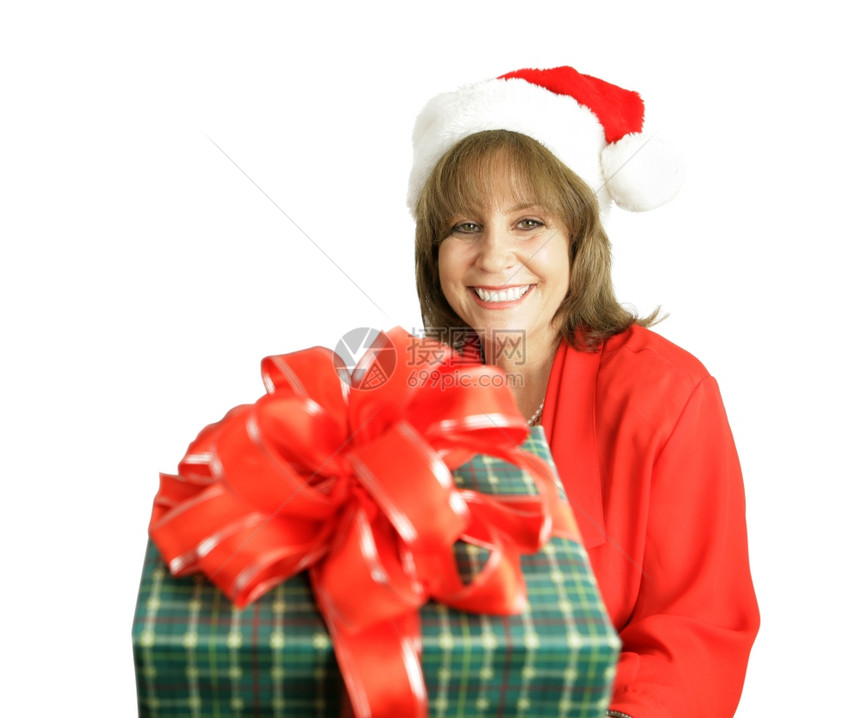 一个可爱的女人带着圣诞礼物白的孤立无援图片