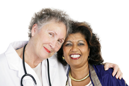 一位女医生和病人的近身信任纽带被孤立在白色上图片