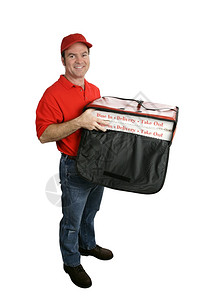 一个友好的披萨送货员拿着热披萨送货袋全身景白色被隔离图片
