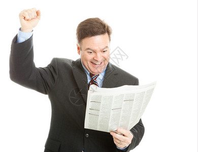 兴奋的商人在报纸上读到好消息孤立的白人图片