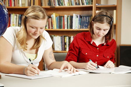 两个高中学生在图书馆做功课图片