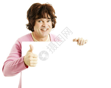女性冒充者拿着白的空标志 举起拇指孤立在白色上图片