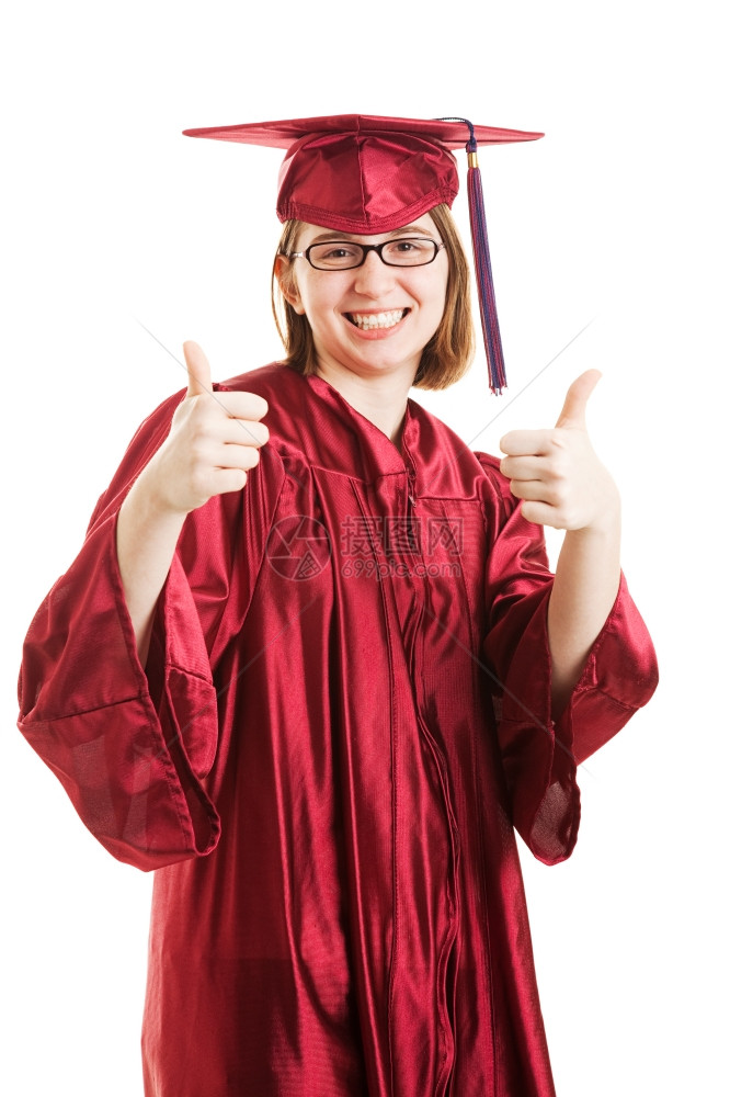 女子高中或大学毕业生举起拇指标志孤立在白色上图片