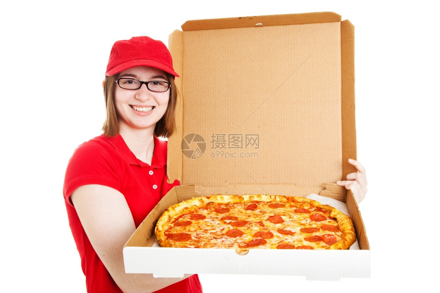 穿制服送披萨的年轻少女或成孩孤立在白色上图片