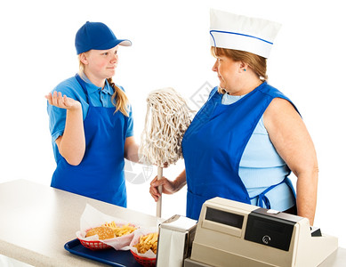 从事快餐工作的成年妇女必须听从一个十几岁的老板命令图片