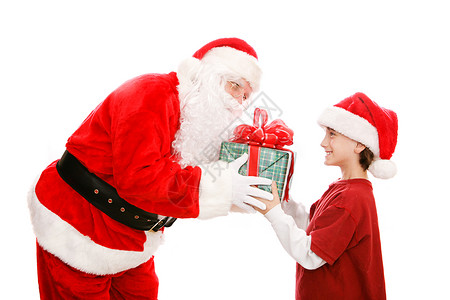 可爱的小男孩从圣诞老人那里得到圣诞礼物孤立在白色上图片
