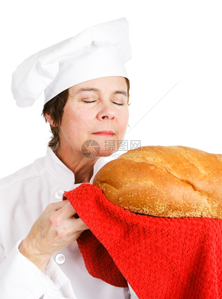 面包师长闻着新鲜烤面包的味道白纸无缝图片