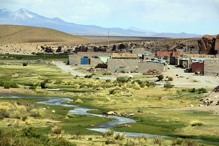 玻利维亚河附近的村庄和绿草图片