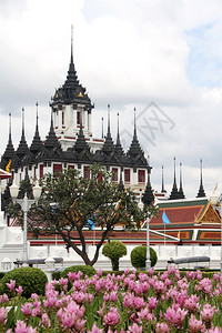 泰国曼谷的花和铁神庙LohaPrasat高清图片