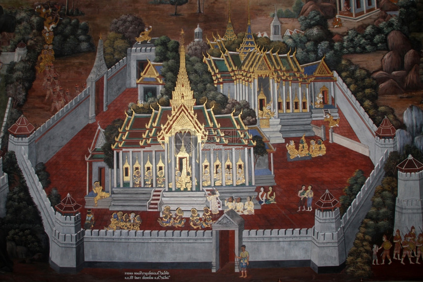 寺庙墙柱子和屋顶上的拉玛基安照片图片
