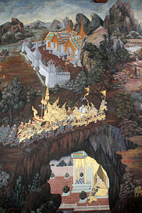 寺庙墙柱子和屋顶上的拉玛基安照片高清图片