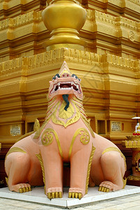 缅甸曼德勒市SagaingHill上的粉红狮子和金色石膏图片